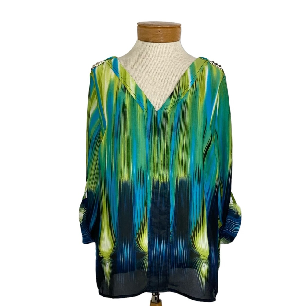 Cato Sz M Green Blue Sheer Blouse with Camp Sleeve